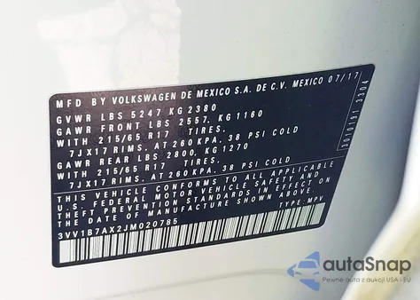 2018 Volkswagen Tiguan 2.0T S из США, поврежденный, VIN 3VV1B7AX2JM020785